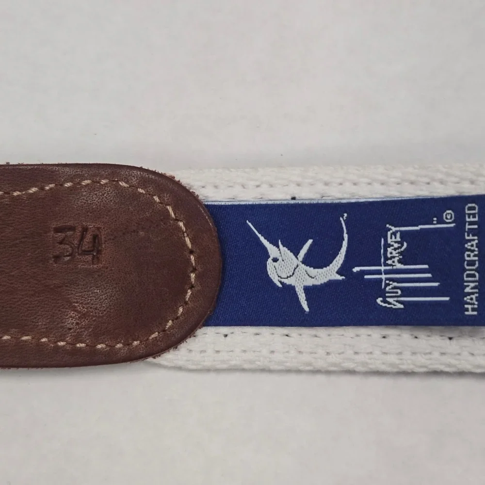 Guy Harvey Mens Marlin American Flag Ribbon Belt Navy White Leather Brass 34